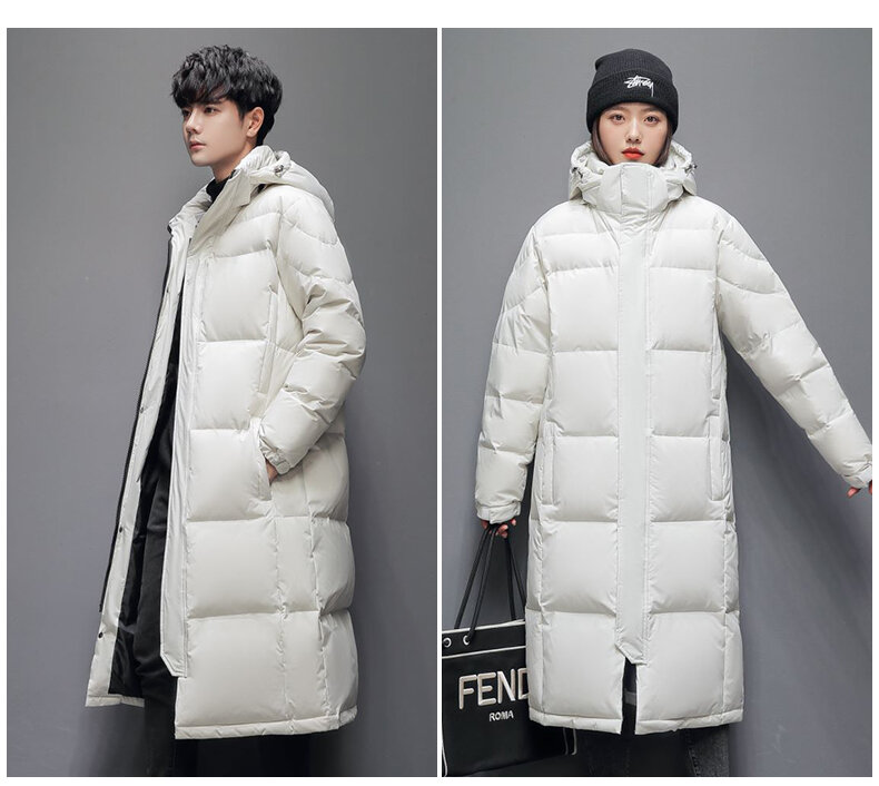 Version coréenne hommes doudoune au dessus du genou épaissir Long canard découverte manteau Couples à capuche chaud hiver amoureux vêtements femmes