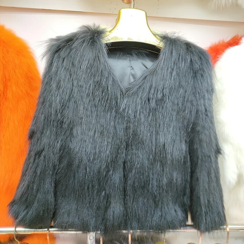 2024 Hot Sale Brand High Quality Natural Raccoon Fur Knitted Coat Women's Long Sleeve Winter Warm Genuine Fur Coats Long Jackets