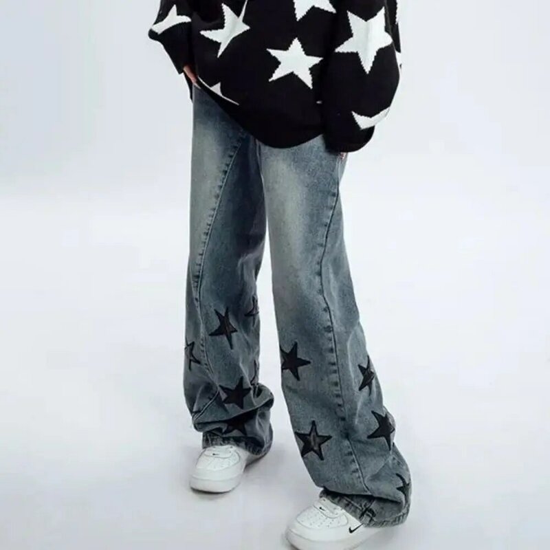 Harajuku Hip Hop Star ricamo Jeans Oversize uomo Punk gotico dritto gamba larga pantaloni Streetwear Skateboard