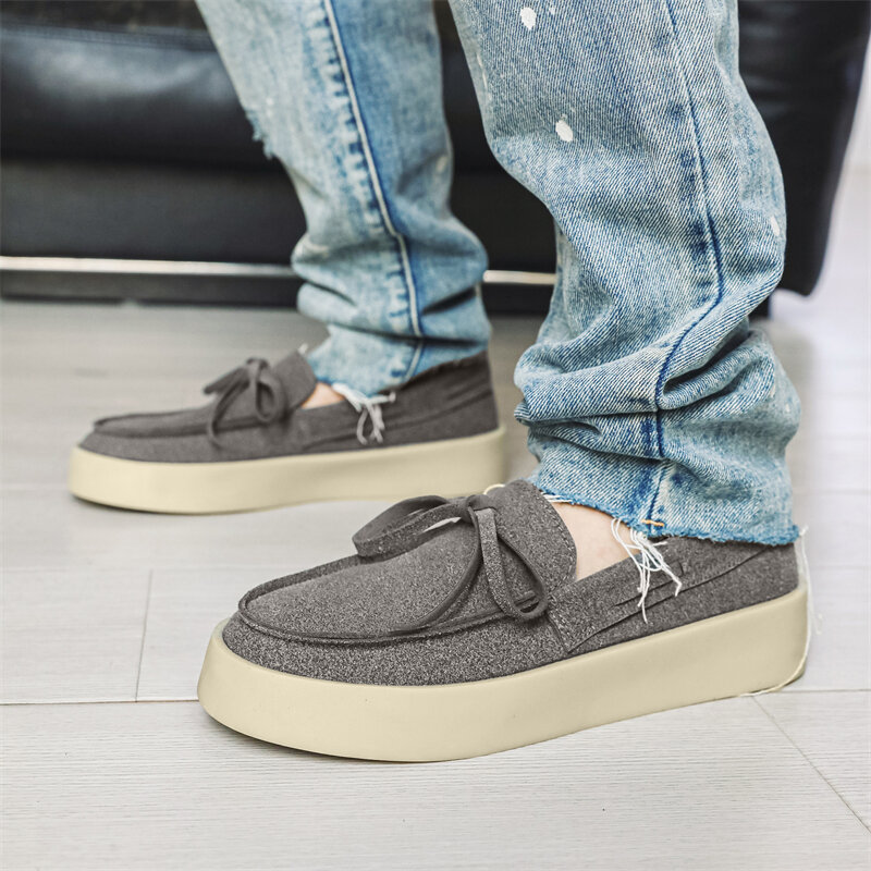 HKDQ Street Gray Suede Loafers Men Hot Summer Slip-on Men's Casual Shoes Fashion Breathable Non-slip Platform Moccasins For Men