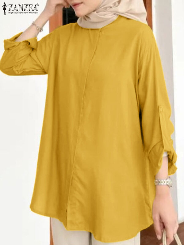 ZANZEA-botões de manga comprida blusa muçulmana para mulheres, tops de trabalho sólido, camisa elegante na moda, blusa muçulmana, outono, 2023
