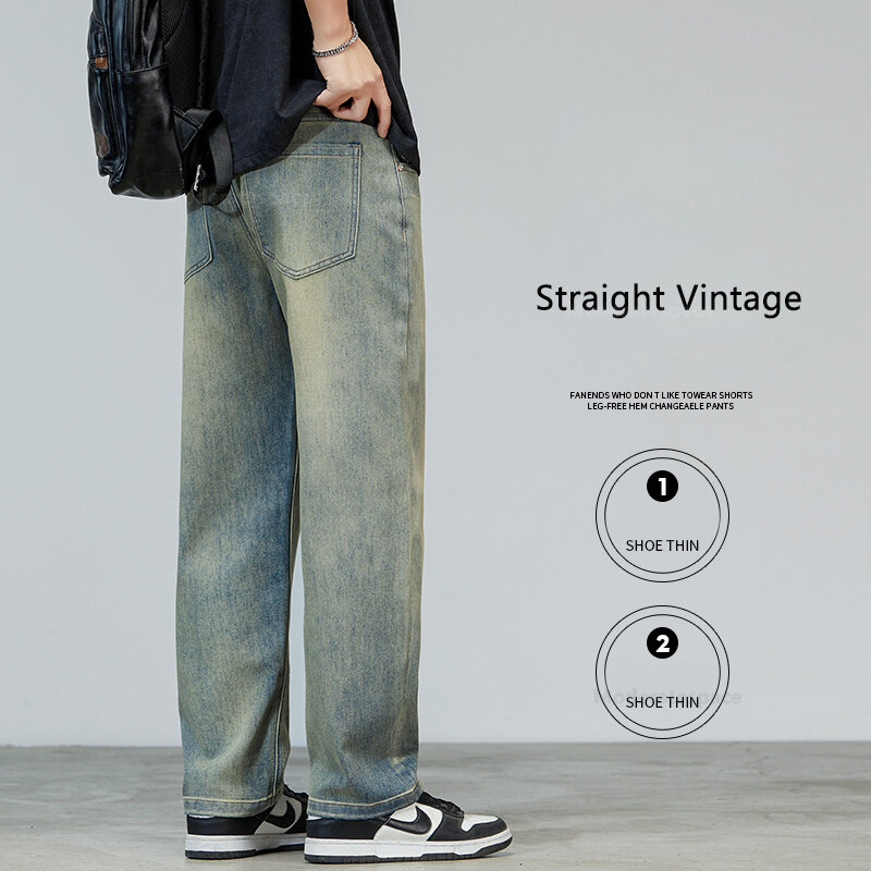 Dżinsy Vintage męskie 2024 nowa moda proste spodnie na co dzień amerykański główna ulica luźna szeroka bawełniane spodnie dżinsowe