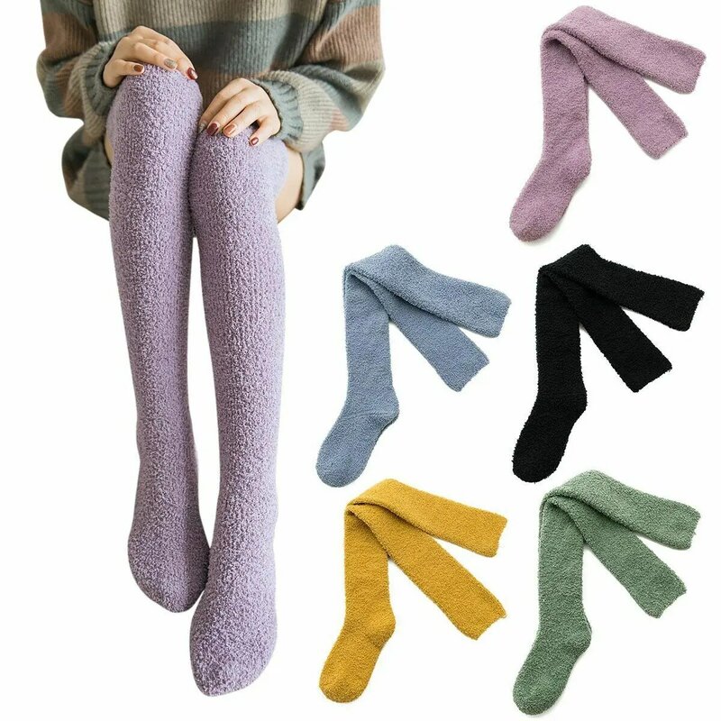 Winter Socks Thermal Stocking Knee Thigh High Women'S Long Korean Japanese Style White Hot Over Black 7/8 For Girls Half Fuzzy