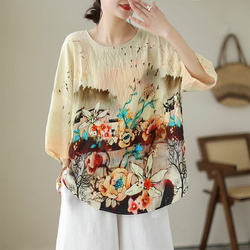 Camiseta feminina manga de taco solta com gola redonda, tops versáteis, comprimento médio, moda retrô, pulôver, verão
