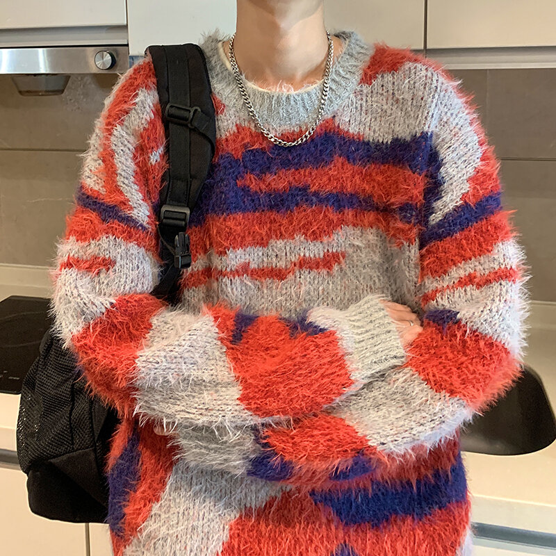 Мужской Повседневный свитер в полоску, пуловер составного кроя с круглым вырезом, свободный трикотажный джемпер, Осень-зима 2023