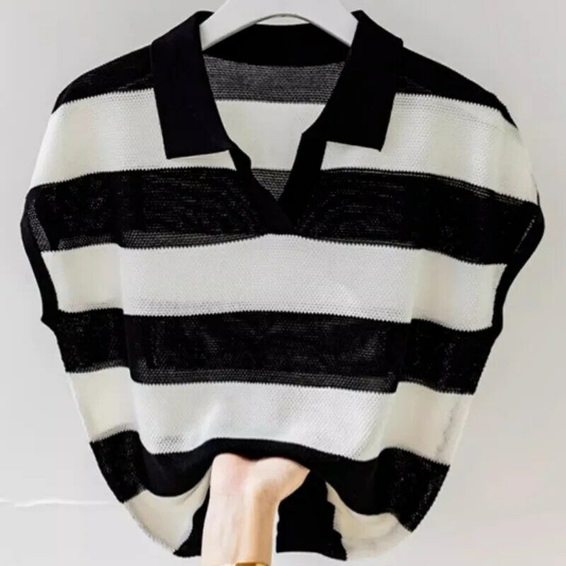 Summer New Fashion Casual Contrast Color Spliced V-neck Striped Loose Sleeveless All-match Knitted T-shirt Women's Clothing Tops