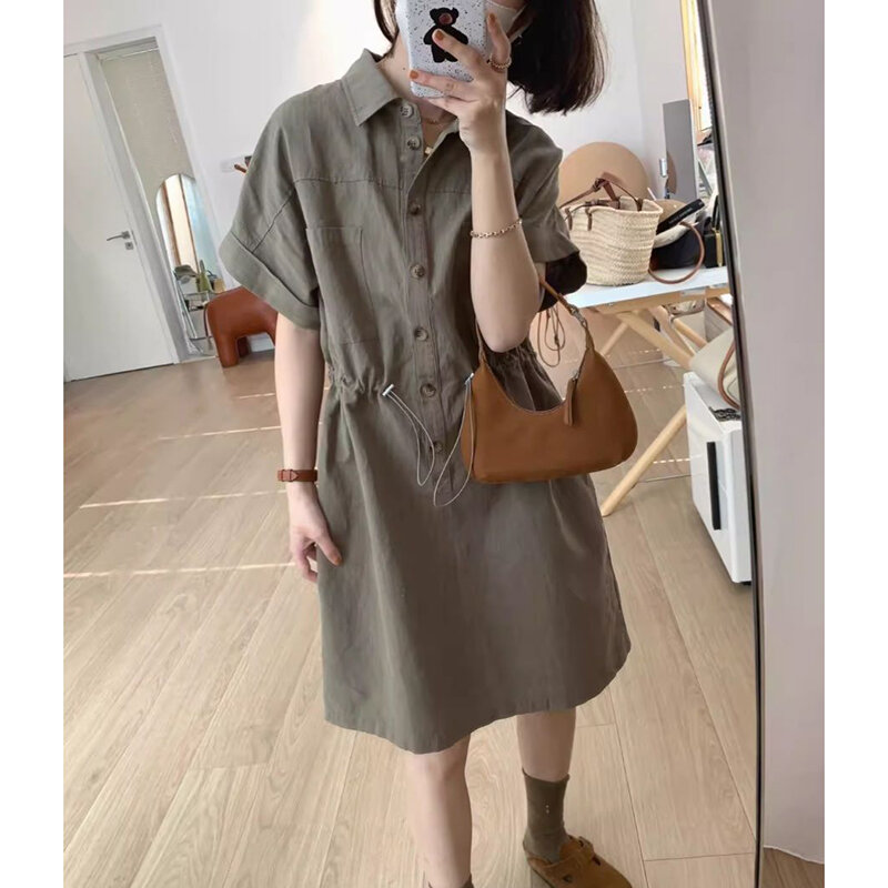 Gaun lengan pendek wanita, berkancing Lapel warna Solid, pakaian kasual longgar Korea Musim Panas 2024