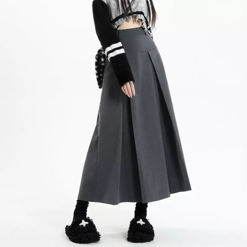 Vintage Grey Medium Length Skirts Women Spring Summer High Waist Pleated Umbrella Skirt Fashions Y2k Female Korean Style Clothes