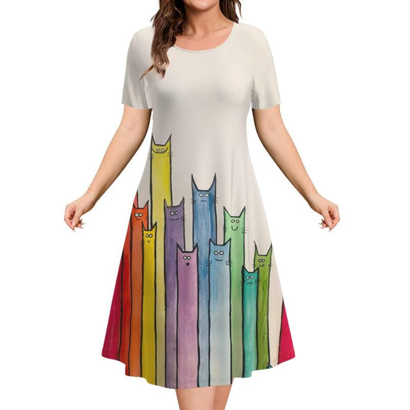 Gaun pesta wanita elegan gaun wanita musim panas gambar hewan gaun wanita ukuran besar kasual bentuk huruf A kucing lucu leher-o pakaian Pullover 2024 baru