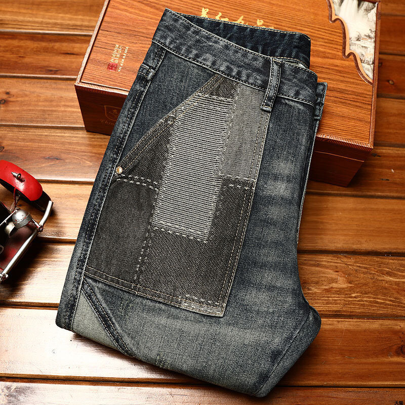 Jeans da moto da uomo cuciture patch fashion street fashion retro high-end stretch personality slim fit skinny pants