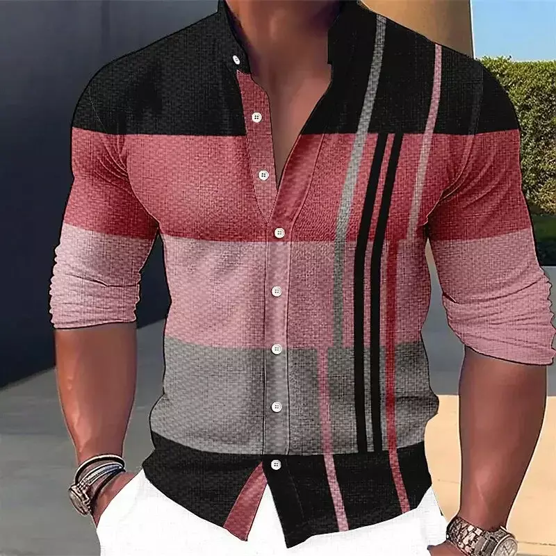 Men's shirt striped pattern stand collar outdoor street long sleeve printed clothing fashion street button design top