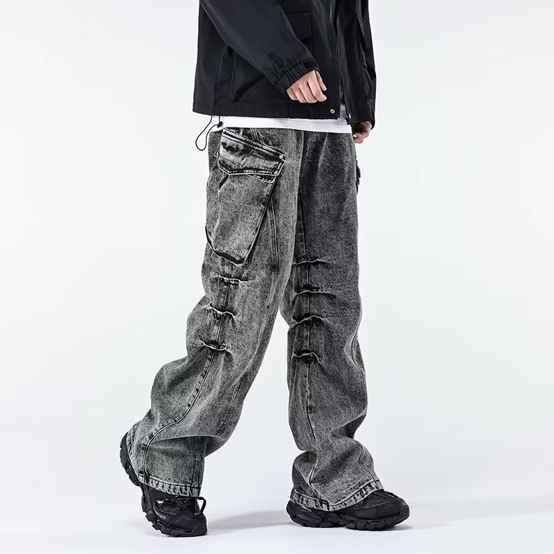 Ropa Aesthetic Y2K Baggy Cargo Jeans pour hommes, pantalons gris vintage, streetwear plissé, vêtements droits et longs, fjgy Fashion, 2024