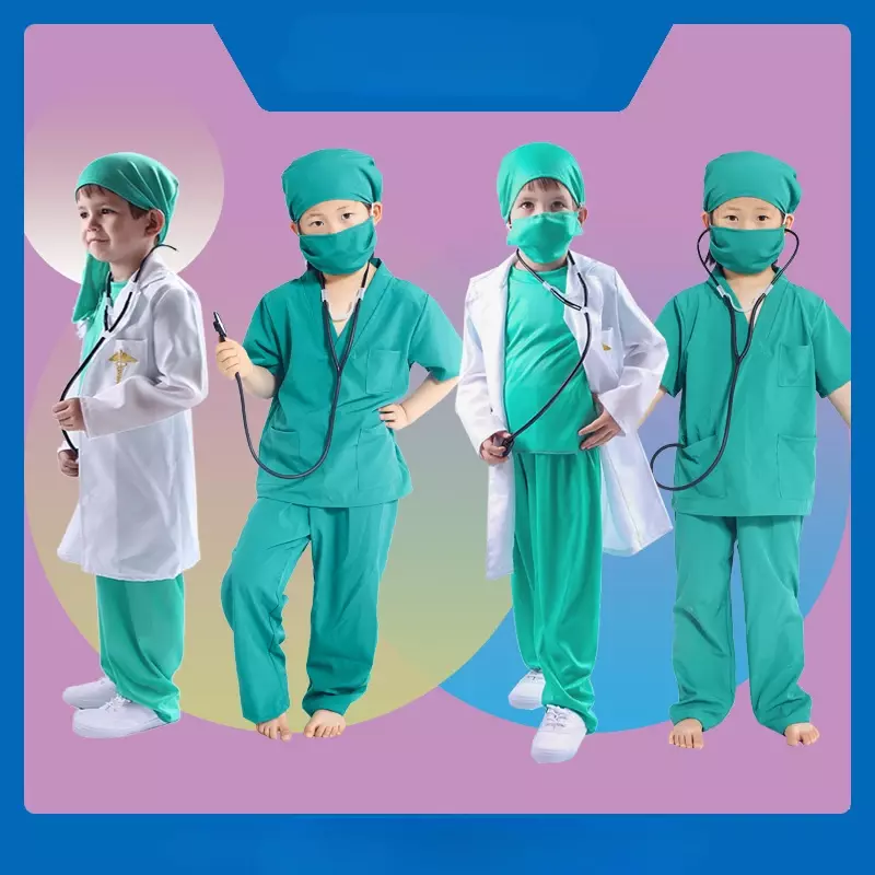 Kostum dokter anak-anak, mantel putih seragam perawat pakaian bedah profesional bermain peran hari anak-anak kinerja anti-epidemi