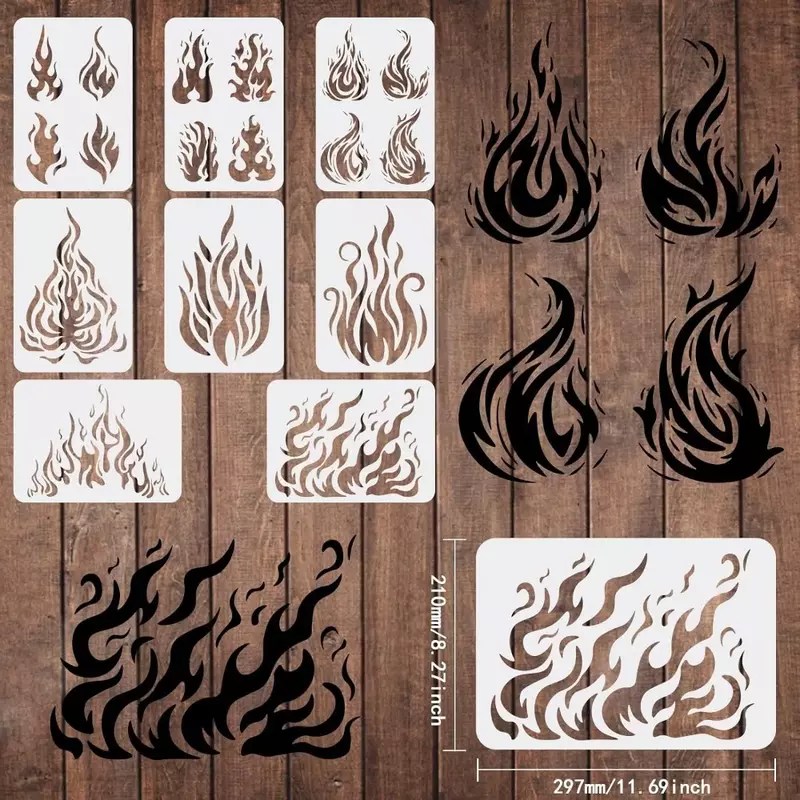 8ชิ้นแม่แบบภาพวาดเปลวไฟลายฉลุ (11.6x8.3นิ้ว) แม่แบบธีมไฟสำหรับตกแต่งแบบวาดรูปดับเพลิง