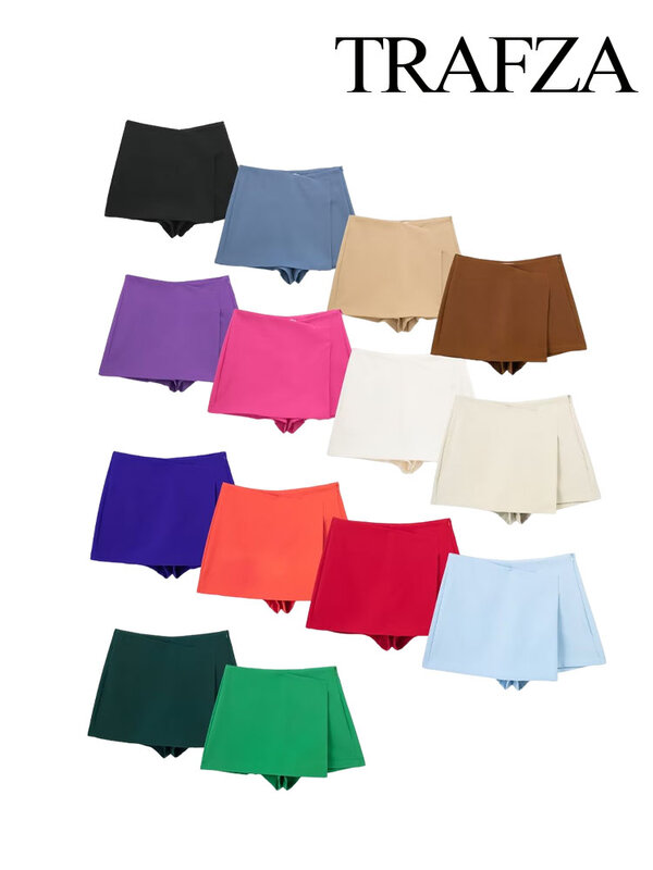 TRAFZA-pantalones cortos de cintura alta con cremallera para mujer, ropa informal ajustada de calle, color liso, verano, 2023