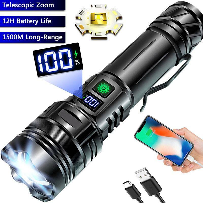 P70 liga de alumínio recarregável LED Zoom lanterna tática, impermeável Searchlight multifunções, ao ar livre, venda quente