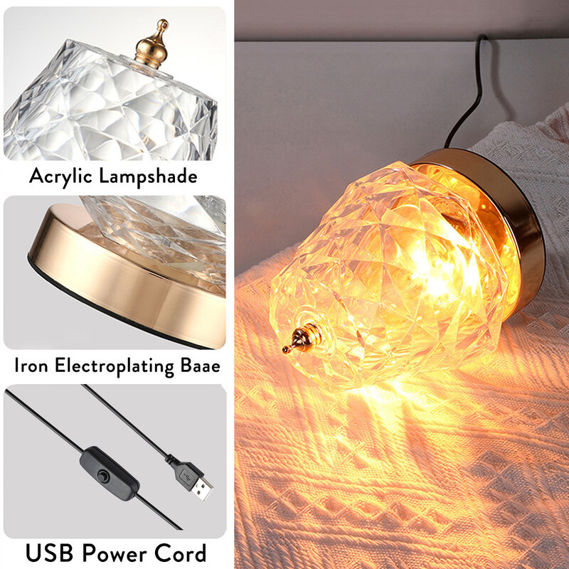 USB LED 크리스탈 테이블 램프 회전 물 리플 동적 프로젝션 분위기 야간 조명 램프, 선물 파티 침실 장식