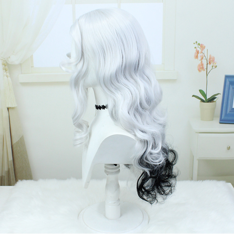 Parrucca Cosplay Anime parrucca bianca periparrucca lunga acconciatura riccia simula il gioco dei capelli ruolo Cos copricapo Prop accessori per costumi di Halloween