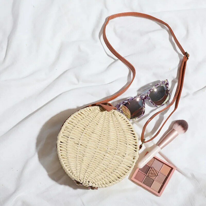 NEW Handwoven Round Straw Bag Shoulder PU Leather Straps Natural Crossbody Bags for Women Round Purse Beach Bag Vacation
