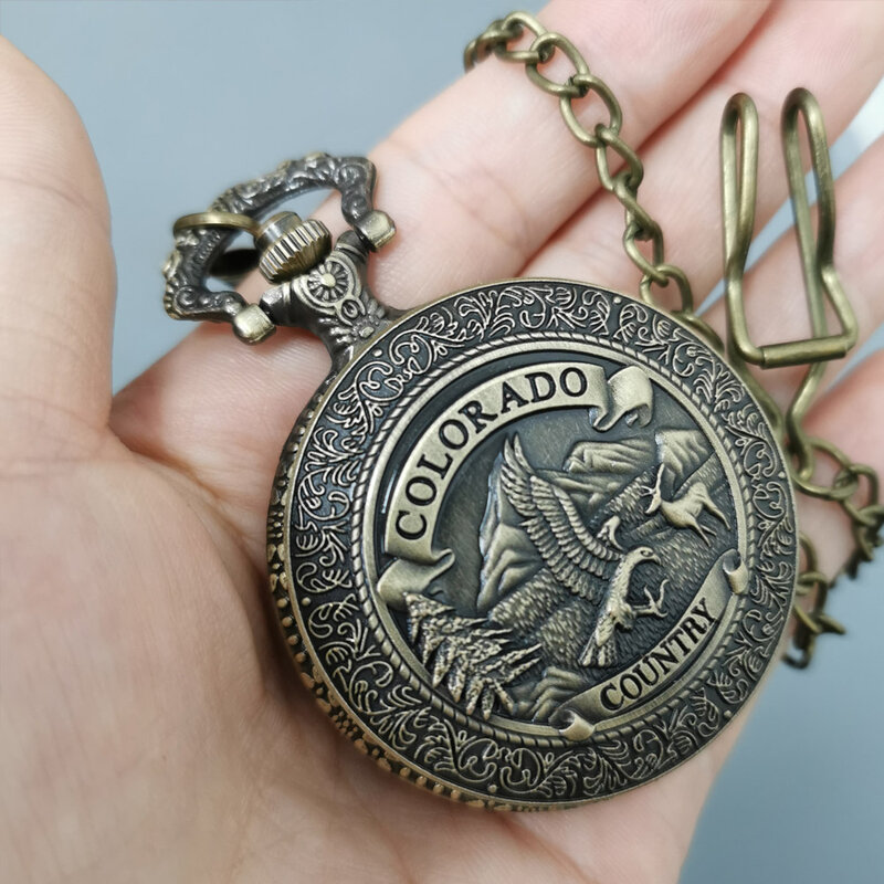 Reloj de bolsillo de cuarzo analógico antiguo de bronce con cadena, grabado, águila de Colorado, Steampunk, bronce, Steampunk, cadena