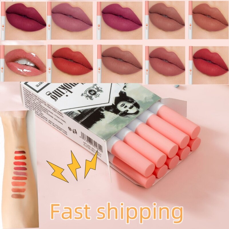 Matte Cigarette Lipstick Pack Set, Lip Gloss, Não pegajoso, De Longa Duração, Impermeável, Lábios Vermelhos Nus, Maquiagem Brilhante
