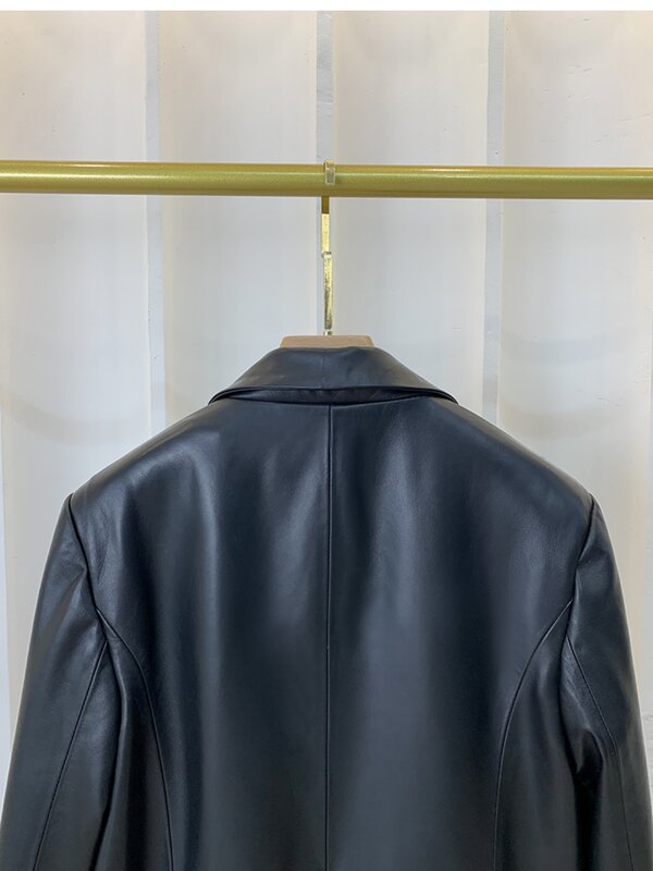 Женский блейзер из натуральной кожи, черный пиджак свободного покроя, осень 2023