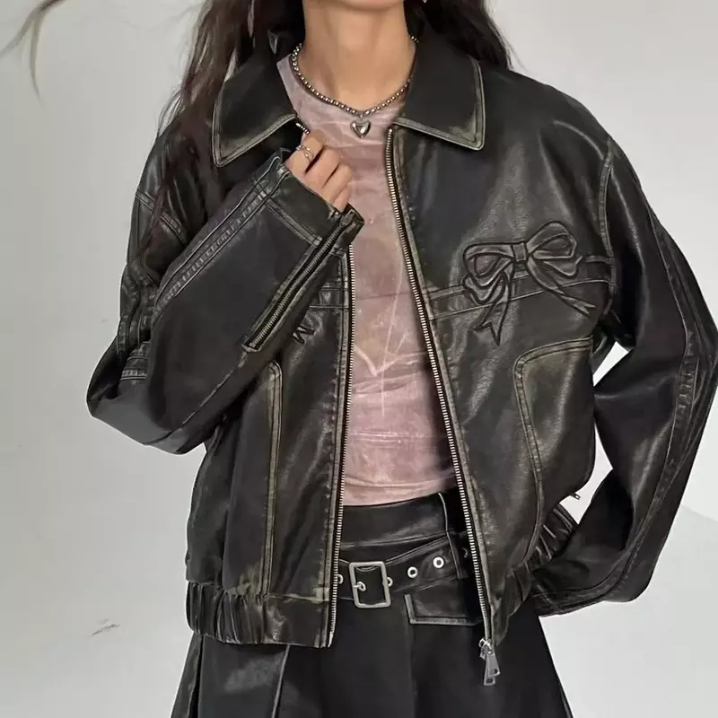 Rosa weiß gestreifte Jacke Straße tragen koreanische Version y2k kleiden modische lässige Pu Jacke süße coole Schleife Retro Harajuku Frauen