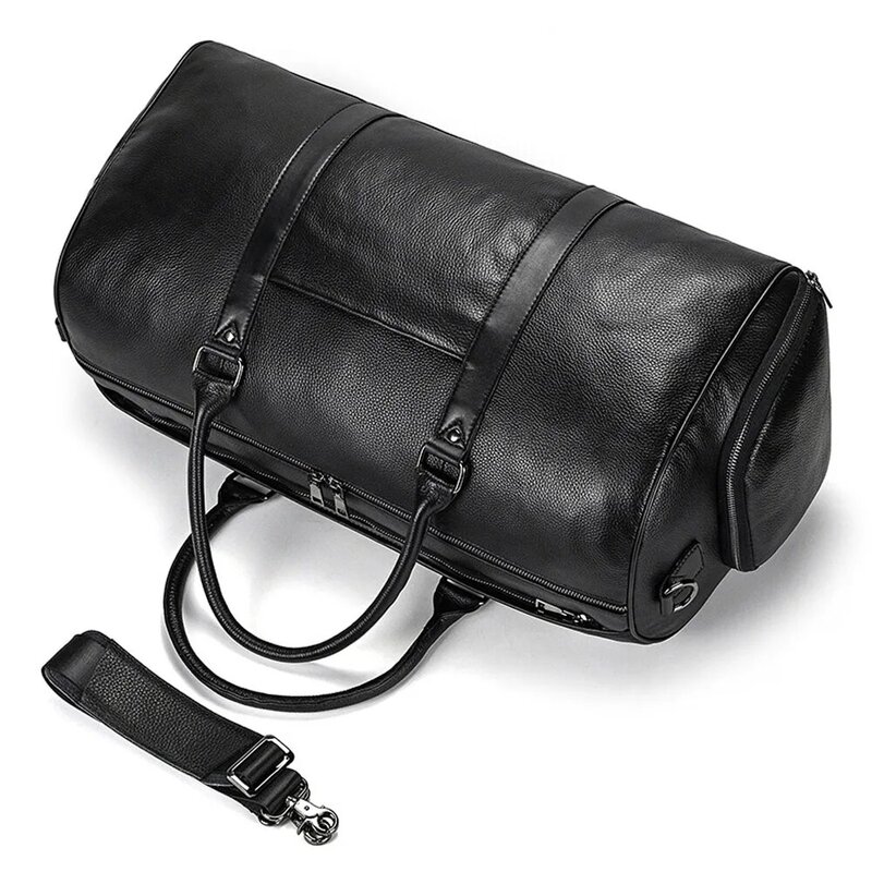 Tas Travel kulit asli warna hitam pria, dengan pegangan kebesaran ukuran::