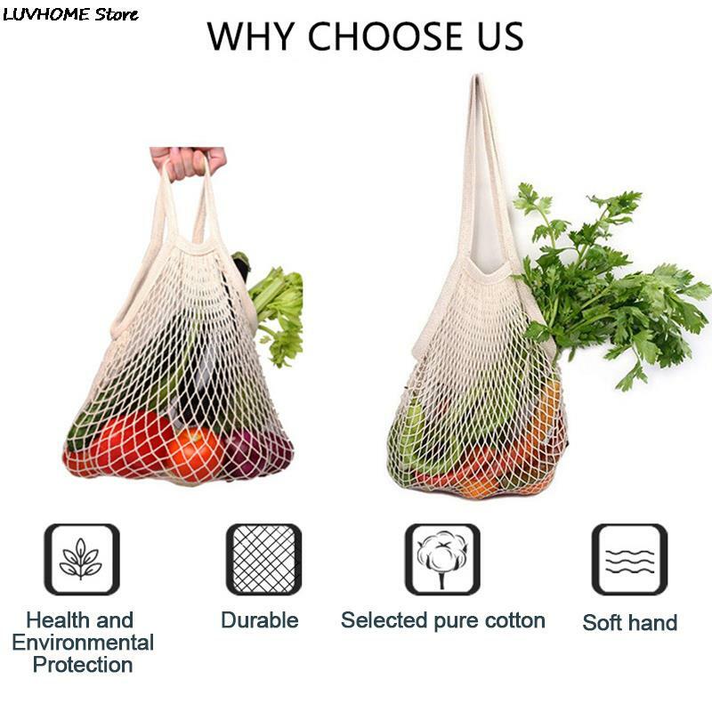 Produtos de mercearia reutilizáveis sacos de algodão malha ecologia mercado corda net tote saco cozinha frutas legumes pendurado saco casa