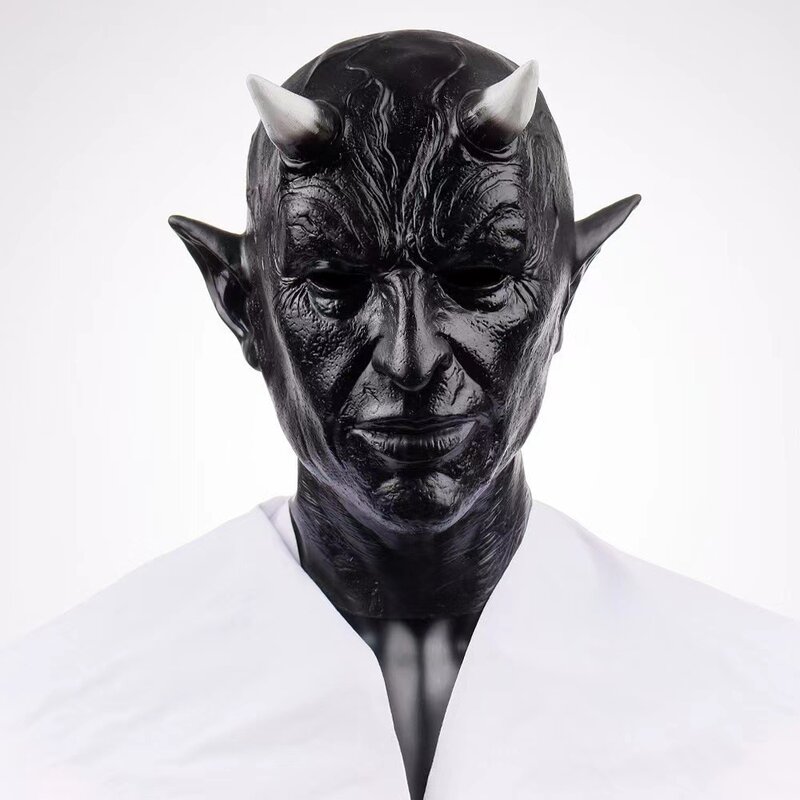 Masque de démon à cornes noires pour Halloween, masque intégral en latex, équipement de sauna, maison hantée, chambre secrète, robe effrayante, accessoires de cosplay