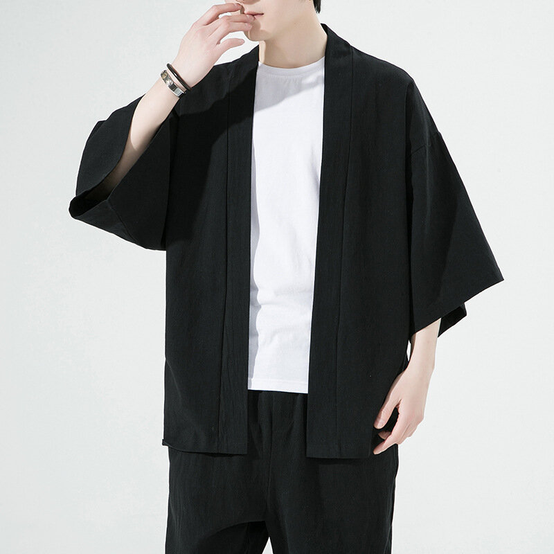 Chemises en lin et coton pour hommes, Kimono traditionnel masculin, Cardigan à manches trois-quarts, Harajuku