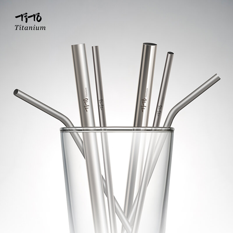 TiTo Sandblasted Reusable Metal Straws Pure Titanium Drinking Straw with Cleaner Brush for Medicine Milk Tea Beverages