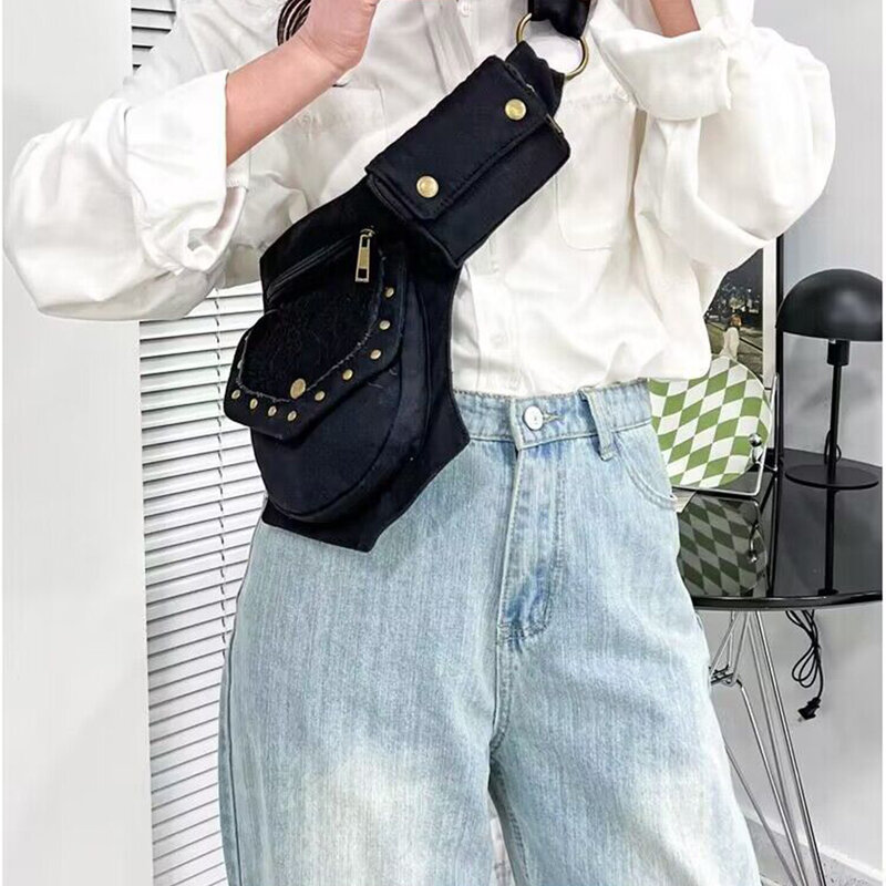 Polyester Stylish Rivet Steampunk Utility Hip Belt Bag Waist Pack Waist Bag Wallet Pocket Boho Purse for women