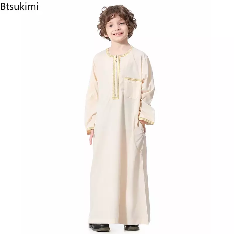 New2024 Dubai Arab Moslim Kids Jongens Kleding Abaya Kaftan Gewaden Islamic Ramadan Kleding Oman Arabic Qatar Kind Kaftans Kostuums