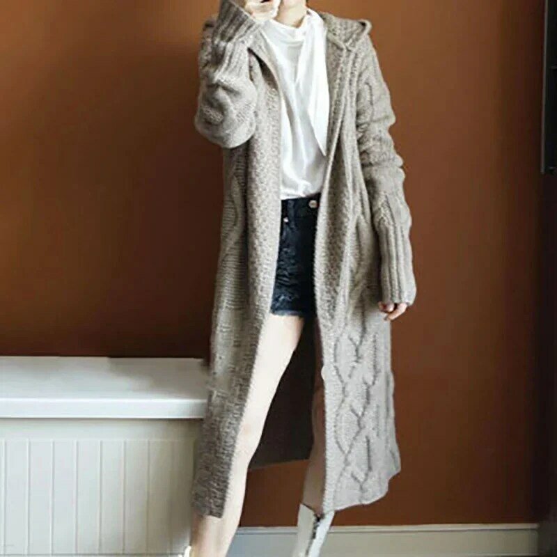 Suéter solto casual com capuz feminino, jaquetas de malha, tops longos, casaco preto, cardigã boho vintage, novo, outono, inverno, 2021