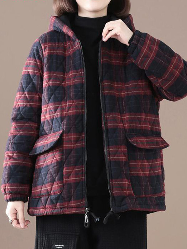 2023 nowy damski jesienno-zimowy płaszcz luźny swobodny z długimi rękawami patchworkowy zamek błyskawiczny z szerokim stanem Streetwear z kapturem bawełniana kurtka