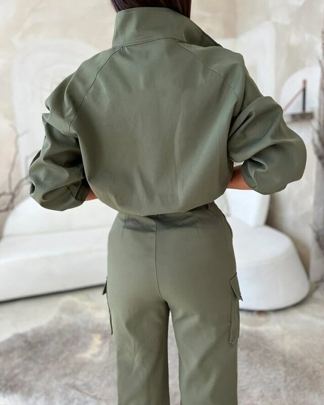 2 Piece Sets Outfit 2024 Solid Color Pocket Design Buttoned Cargo Top Jacket & Ankle Length Cargo Trouser with Belt Pants Set