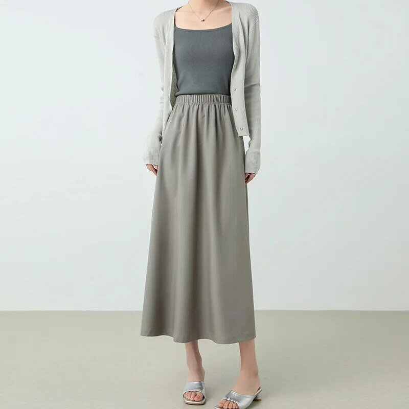 Women's Solid Color Fashion Skirts Elastic High Waist A Line Long Skirt