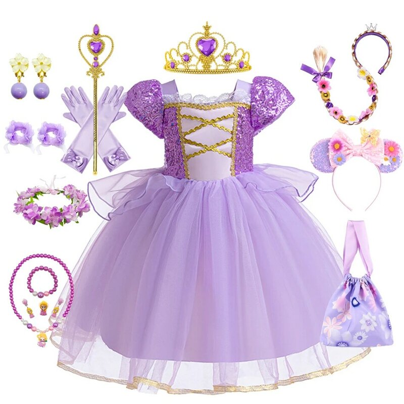Disney Princesa Rapunzel fantasia para meninas, vestido de baile roxo, flor de casamento, vestido infantil, aniversário, saia de Natal