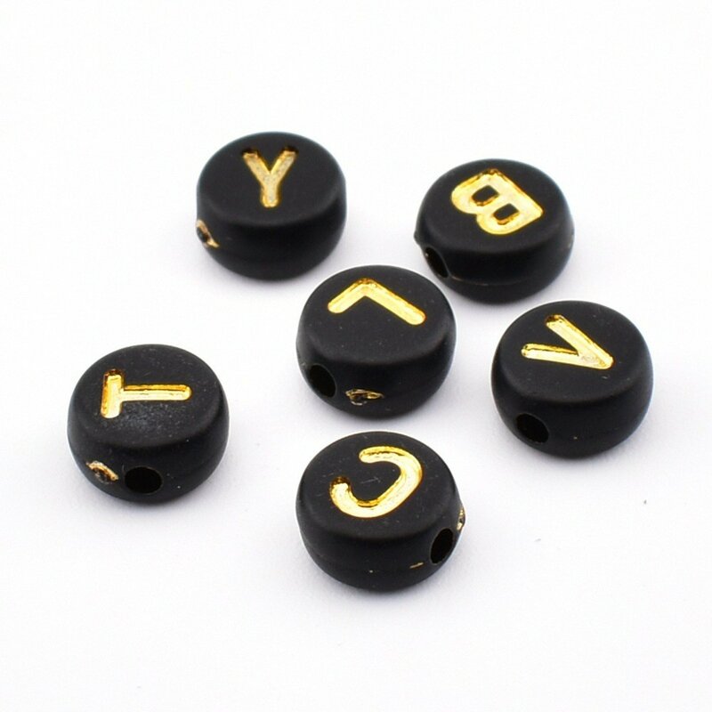 Perles Rondes en Acrylique pour la Fabrication de Bijoux, Fond Noir, Or, 7x4x1mm, 50 Pièces/Lot