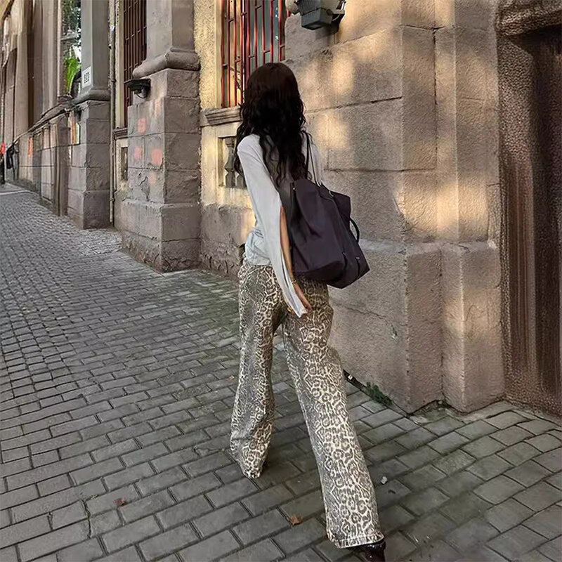 Джинсы женские с леопардовым принтом, уличные Свободные повседневные штаны в американском стиле ретро, прямые брюки с завышенной талией в стиле хип-хоп