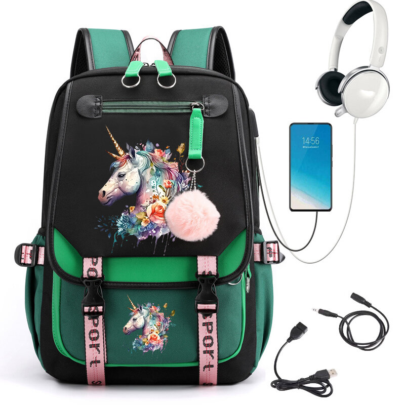 Grande capacidade cavalo Anime Schoolbag para meninas, mochila estudantil, sacos de desenhos animados, USB Bookbag, estudante do ensino médio