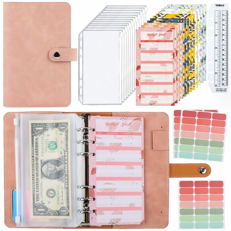 Carpeta de cuero PU A6 con cremallera, etiqueta de bolsa, cuaderno de cuero suave, hojas sueltas, manual de presupuesto de efectivo, presupuesto de dinero, organizador de notas de ahorro
