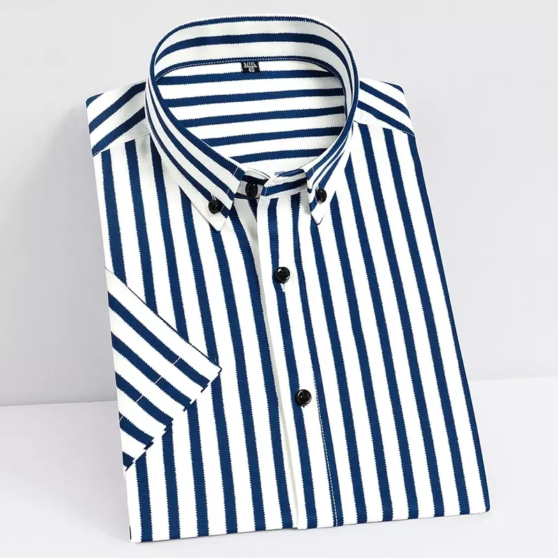 Camisas de verano para hombre, camisa de vestir de manga corta elástica, a rayas, informal, suave, de negocios