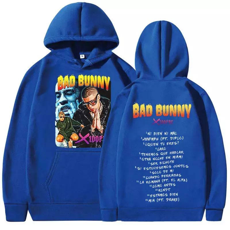 Capuz gráfico Rapper Bad Bunny para homens e mulheres, pulôveres grandes, moletons Harajuku, moda hip-hop, vintage, álbum de música X 100PRO