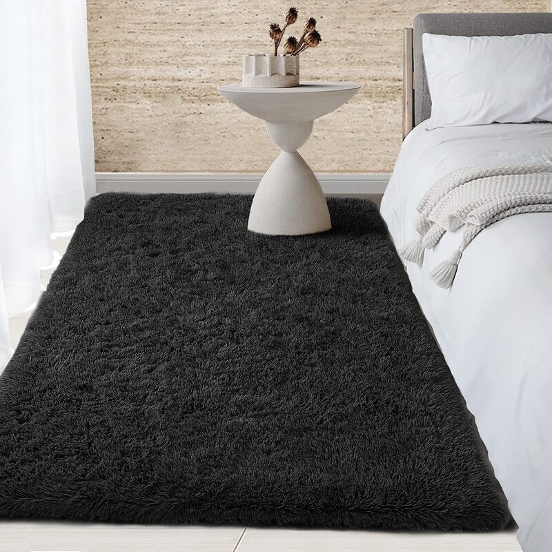 Tapis noir moelleux doux, tapis de salon, fourrure de fourrure Shag Lea, tapis décoratifs modernes en peluche, tapis de pépinière, tapis de sol d'accent solide