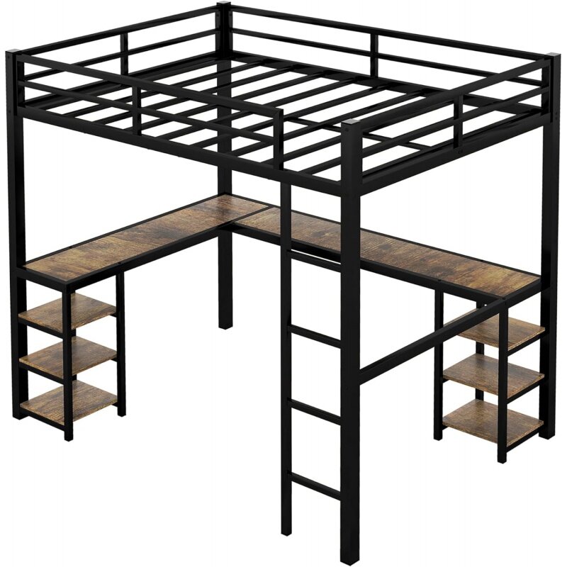 Bellewave full size loft bed with L shaped desk, metal frame loft bed full with storage shelves, heavy duty metal loft bed for k