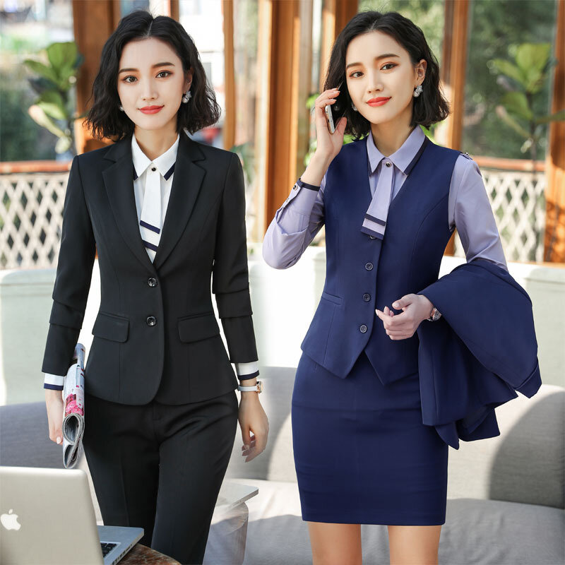 316 Blue with Long Sleeves Business Wear Hotel Front Desk Attendant Work Uniforms College Student Interview Suit Formal Suit