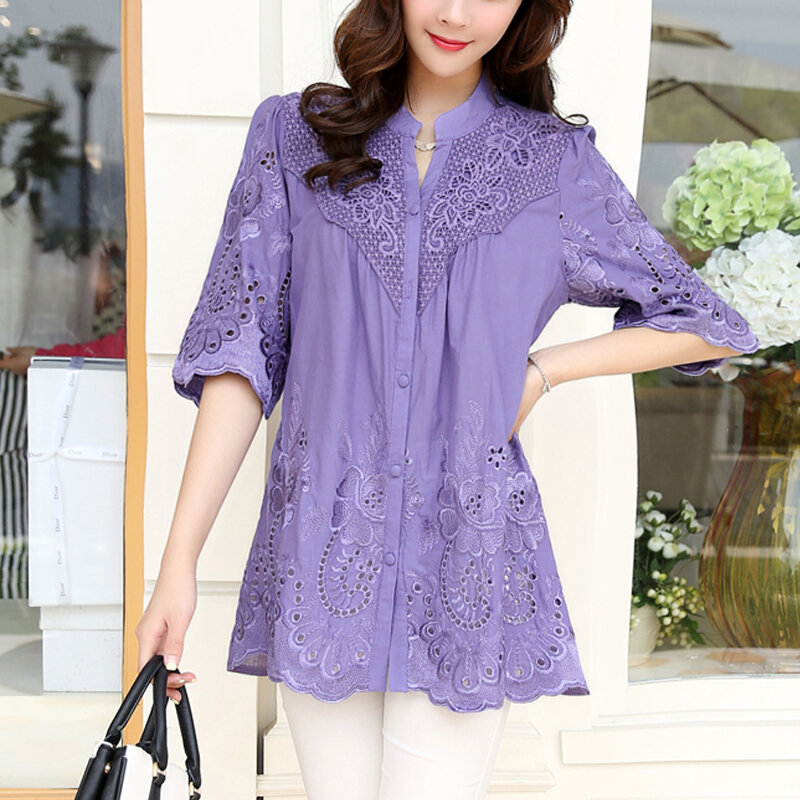 Nieuwe Zomer Blouses Voor Vrouwen 2022 Plus Size Vrouwen Kleding Casual Print Lace Embroidery Blouses
