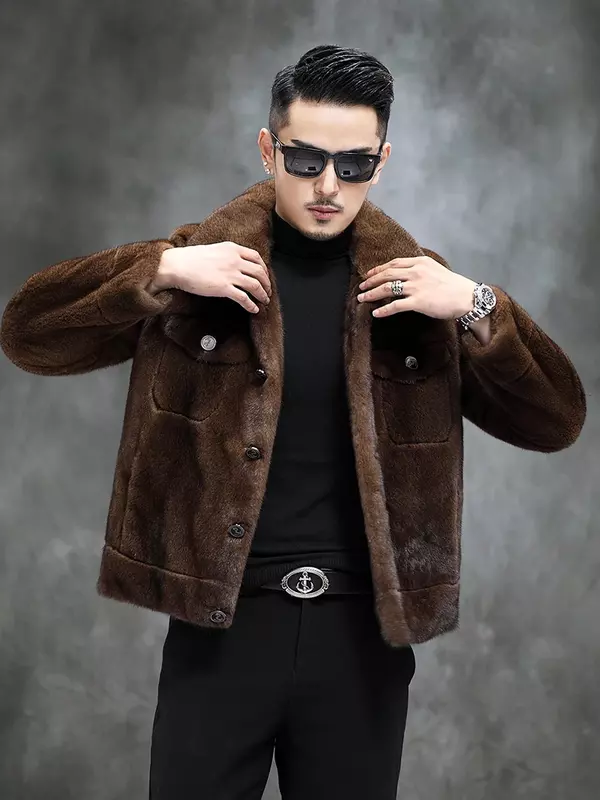 AYUNSUE-Manteau en fourrure de vison véritable pour hommes, vestes d'hiver chaudes, revers combiné, veste à boutonnage simple, haut de gamme, décontracté, SGG